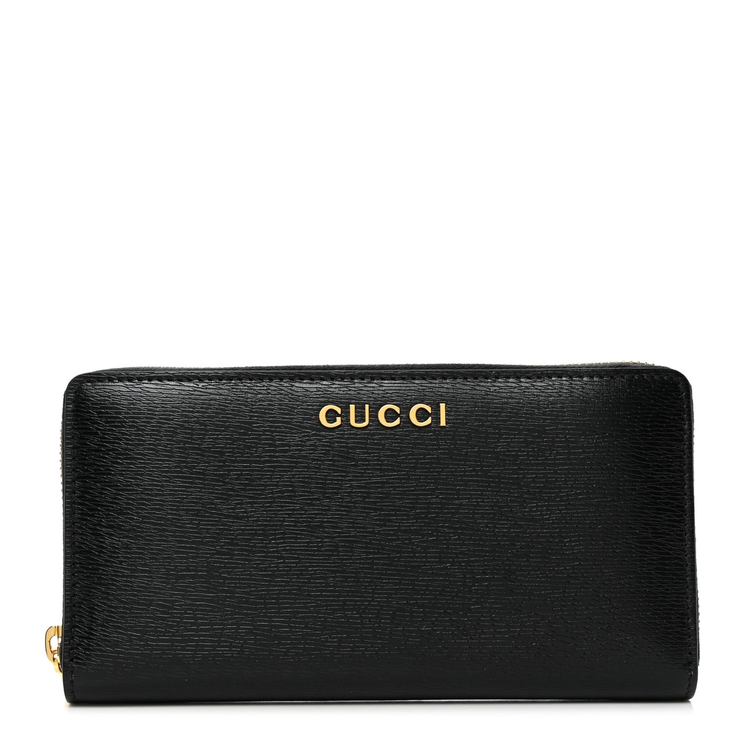 Textured Calfskin Gucci Script Zip Around Wallet Black