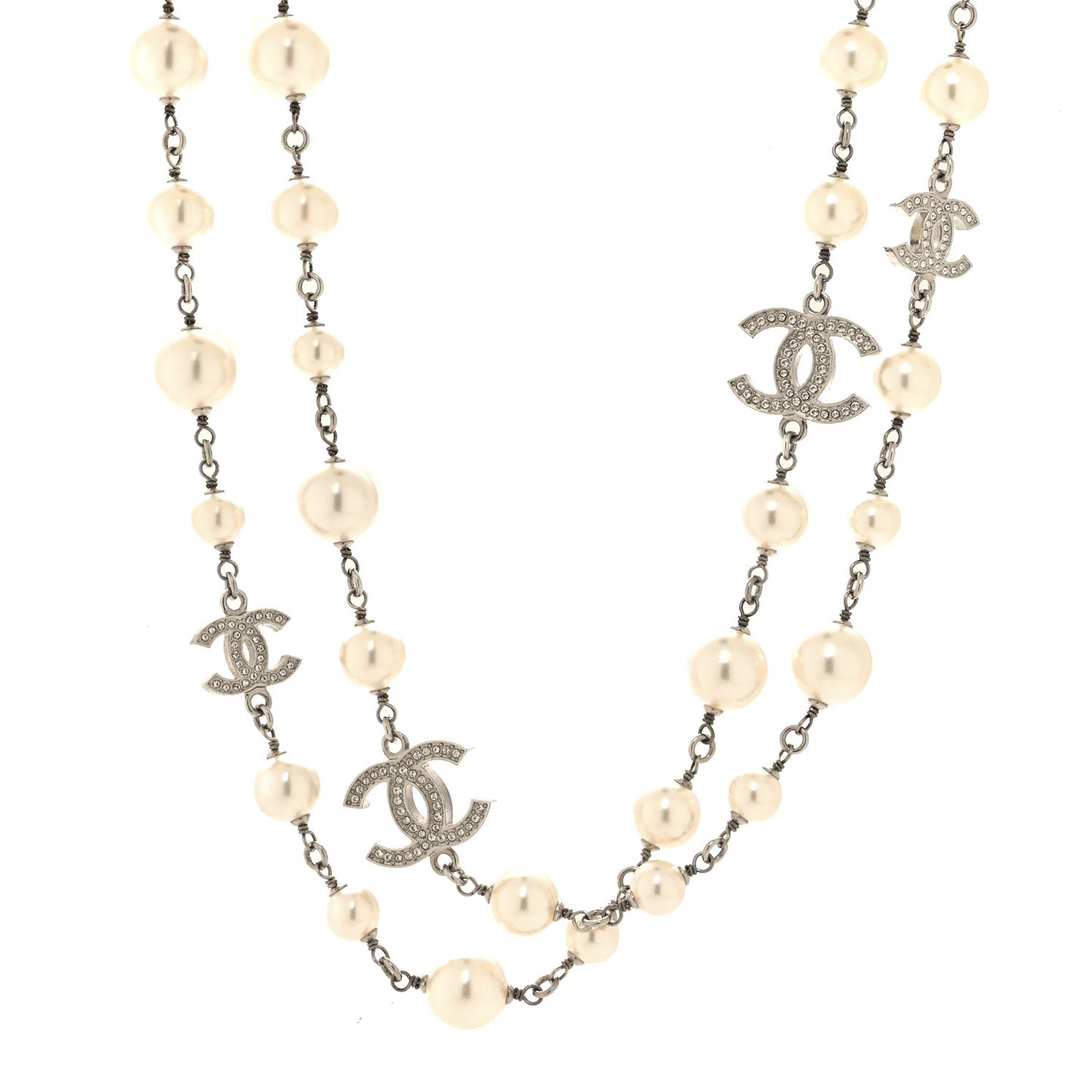 Graduated Pearl Crystal CC Long Necklace Silver