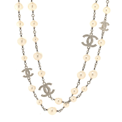 Chanel Graduated Pearl Crystal CC Long Necklace Silver 1 of 5