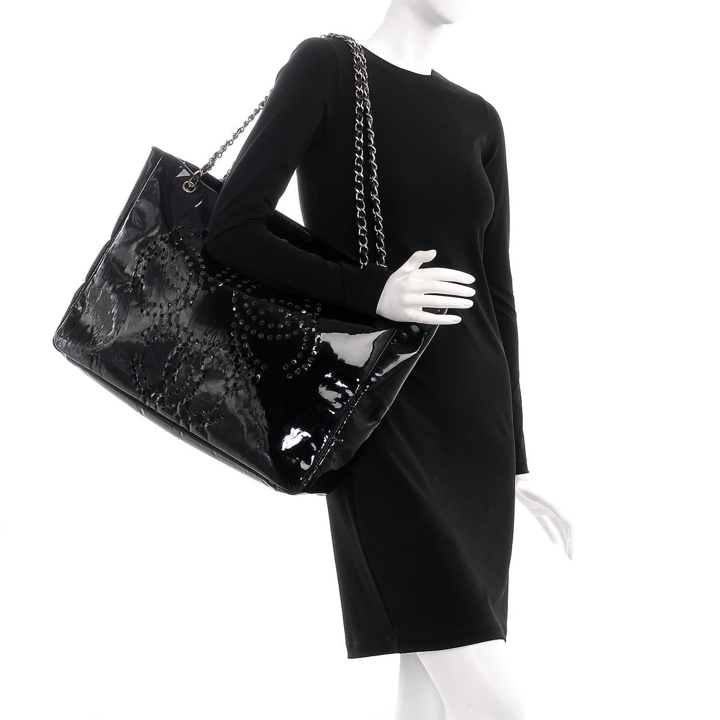 Patent Perforated CC Shopping Tote Black
