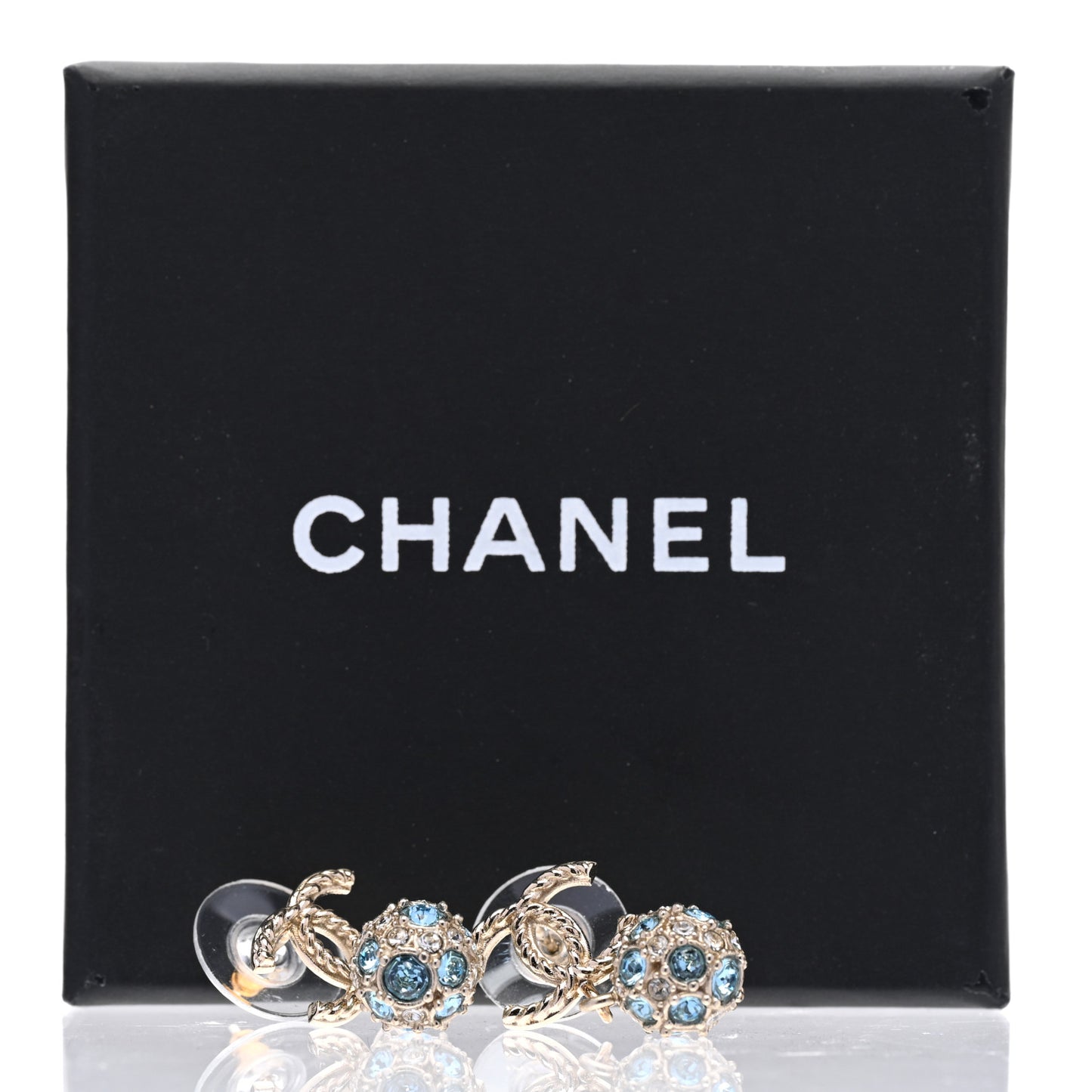 Crystal CC Ball Drop Earrings Gold Blue