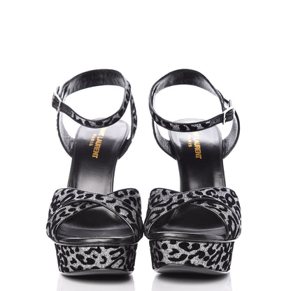 Saint Laurent Velvet Glitter Leopard Print Platform Sandals 40 Argento Black 3 of 18