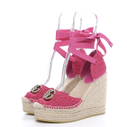 Gucci Cotton Crochet Pearly GG Ankle Wrap Platform Espadrille Wedges 36 Cyclamen Rose 3 of 9
