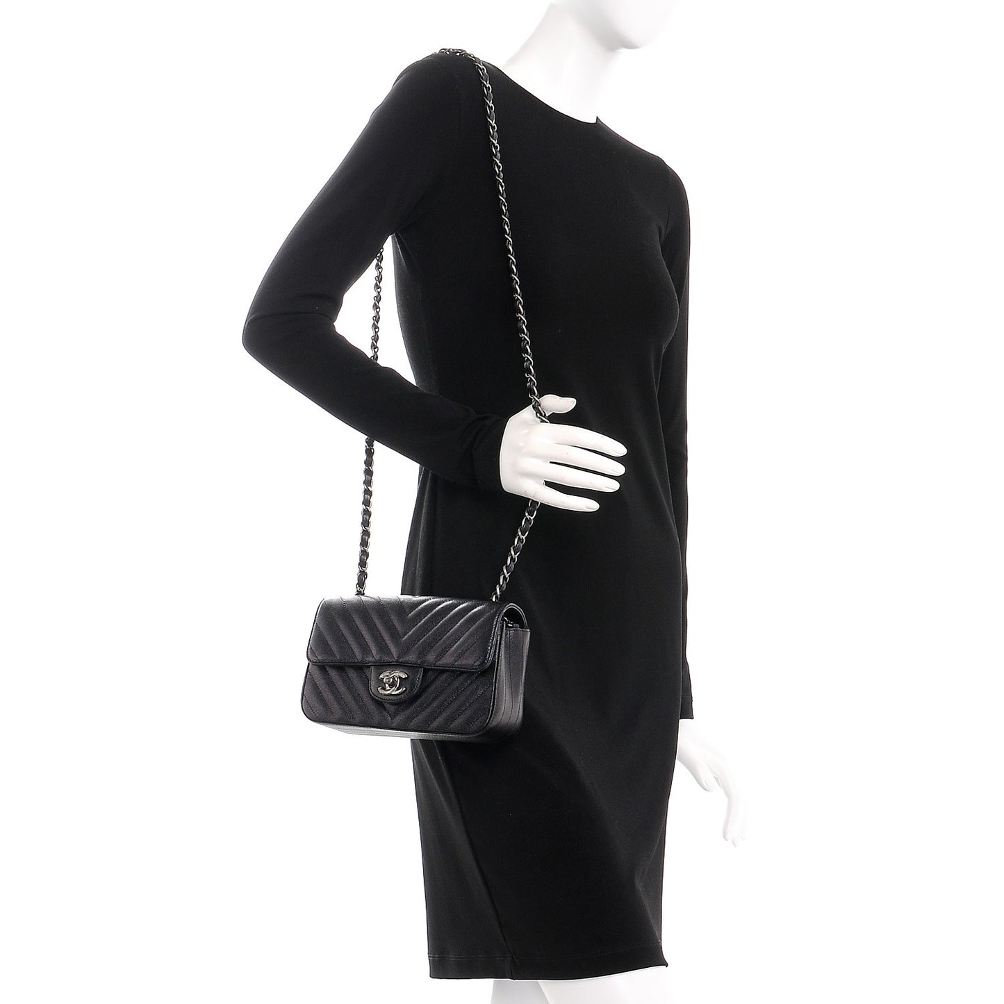 Metallic Caviar Chevron Quilted Mini Rectangular Flap Black