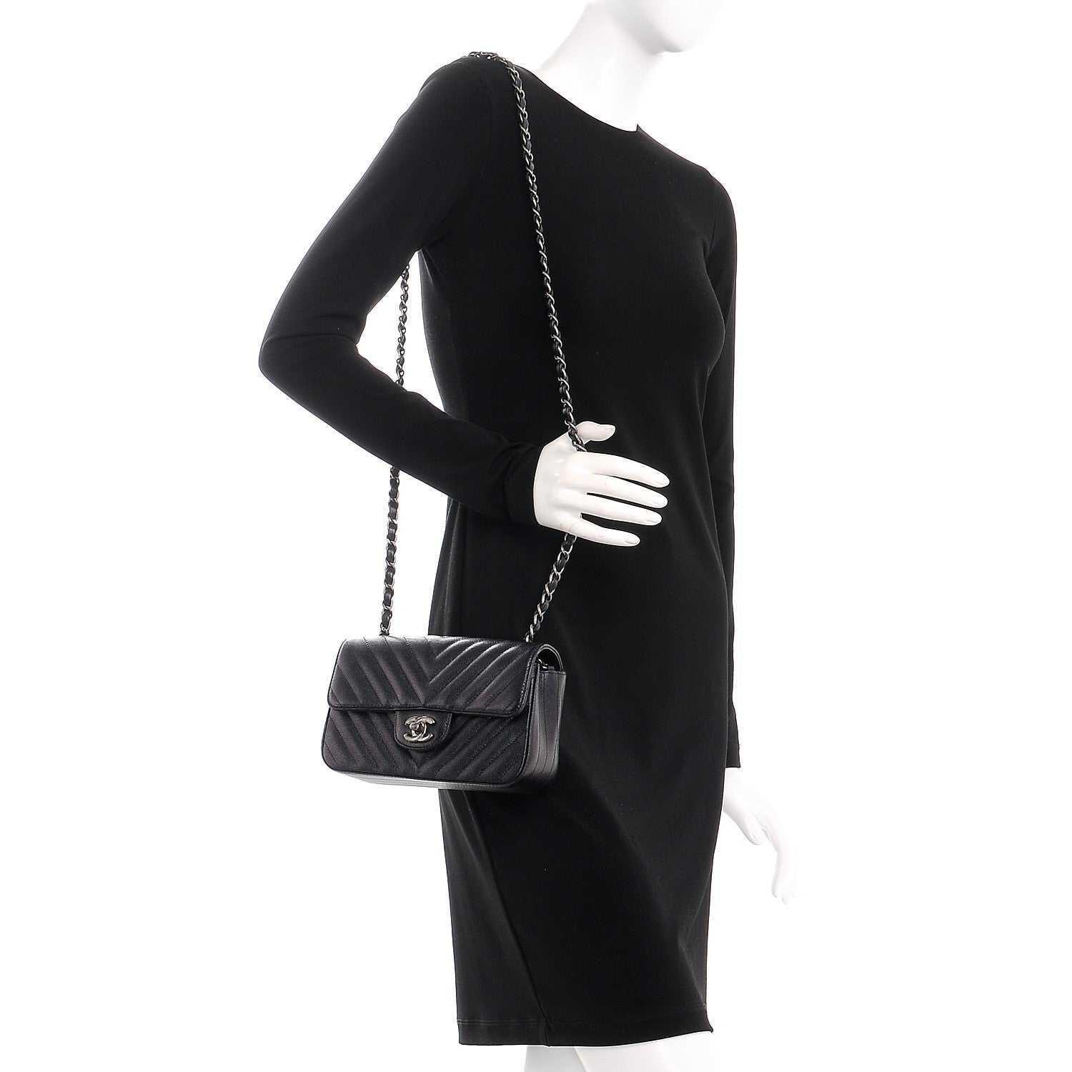 Chanel Metallic Caviar Chevron Quilted Mini Rectangular Flap Black 2 of 8