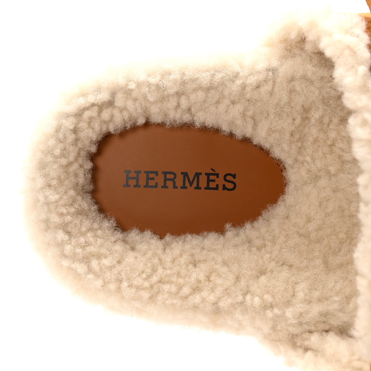 Hermes Suede Goatskin Woolskin Womens Chypre Sandals 37 Brun Fume Ecru 8 of 9