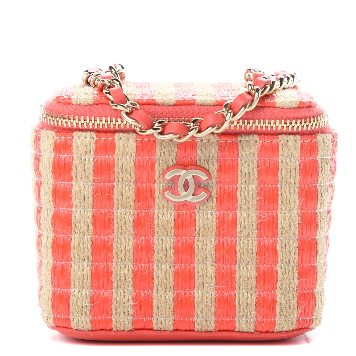 Raffia Jute Striped Mini Vanity Case With Chain Red Beige