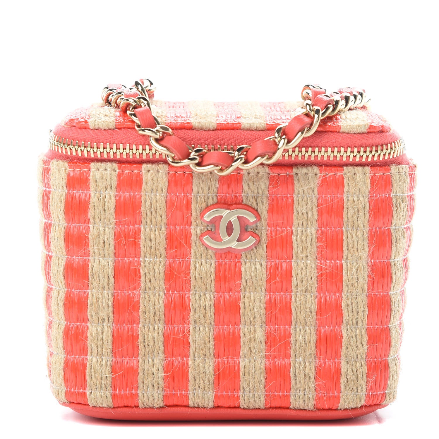 Chanel Raffia Jute Striped Mini Vanity Case With Chain Red Beige 1 of 11