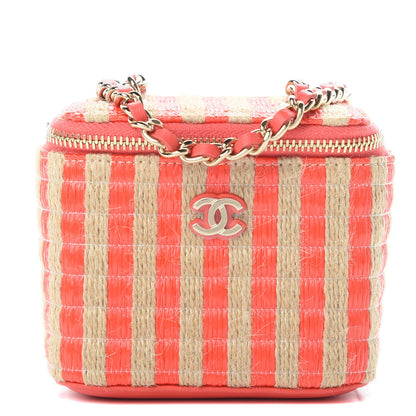 Chanel Raffia Jute Striped Mini Vanity Case With Chain Red Beige 1 of 11
