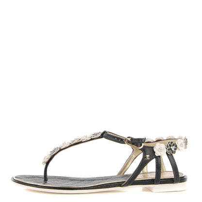 Chanel Calfskin Camellia Pearl Thong Sandals 36 Dark Grey 1 of 6