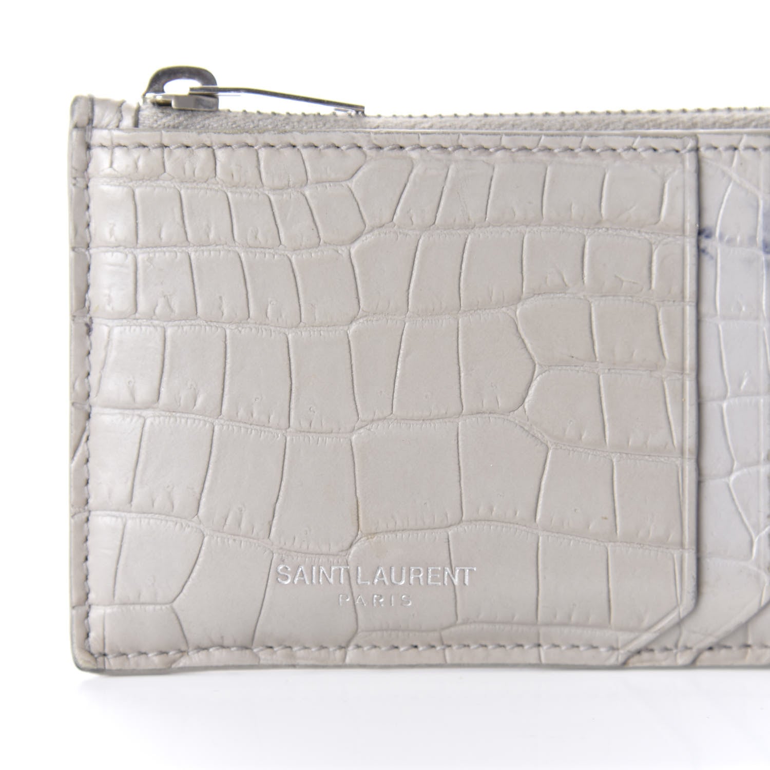 Saint Laurent Calfskin Crocodile Embossed 5 Fragments Zip Pouch Card Holder Mouse Grey 9 of 10