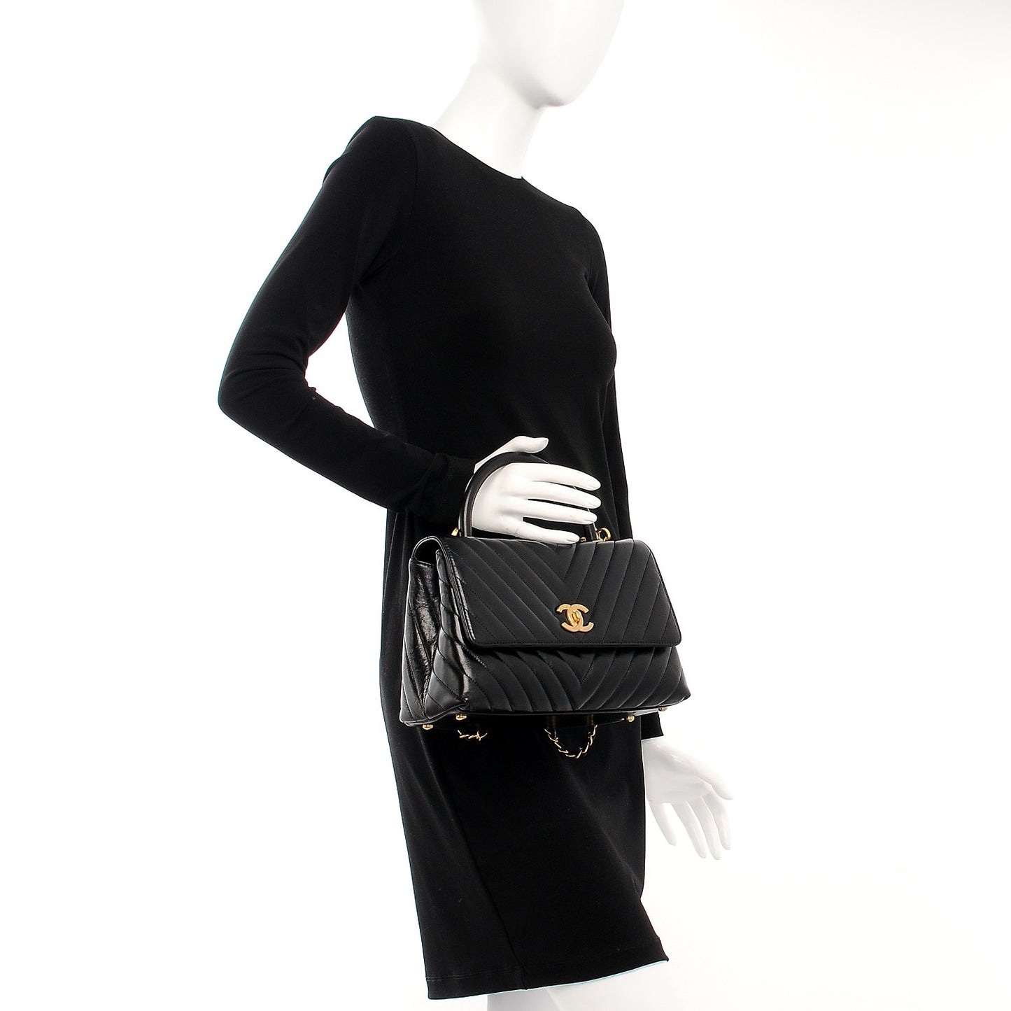 Calfskin Chevron Quilted Coco Handle Flap Black