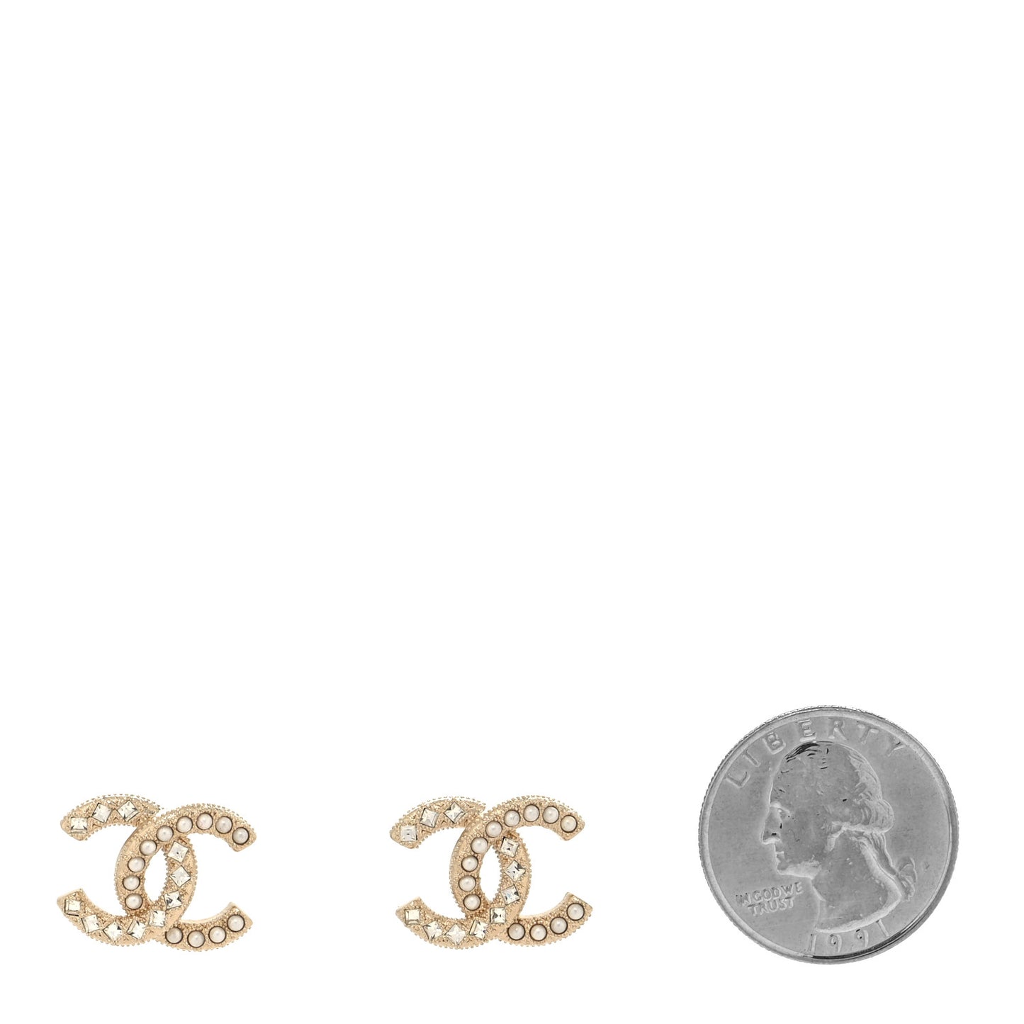 Pearl Crystal CC Stud Earrings Gold