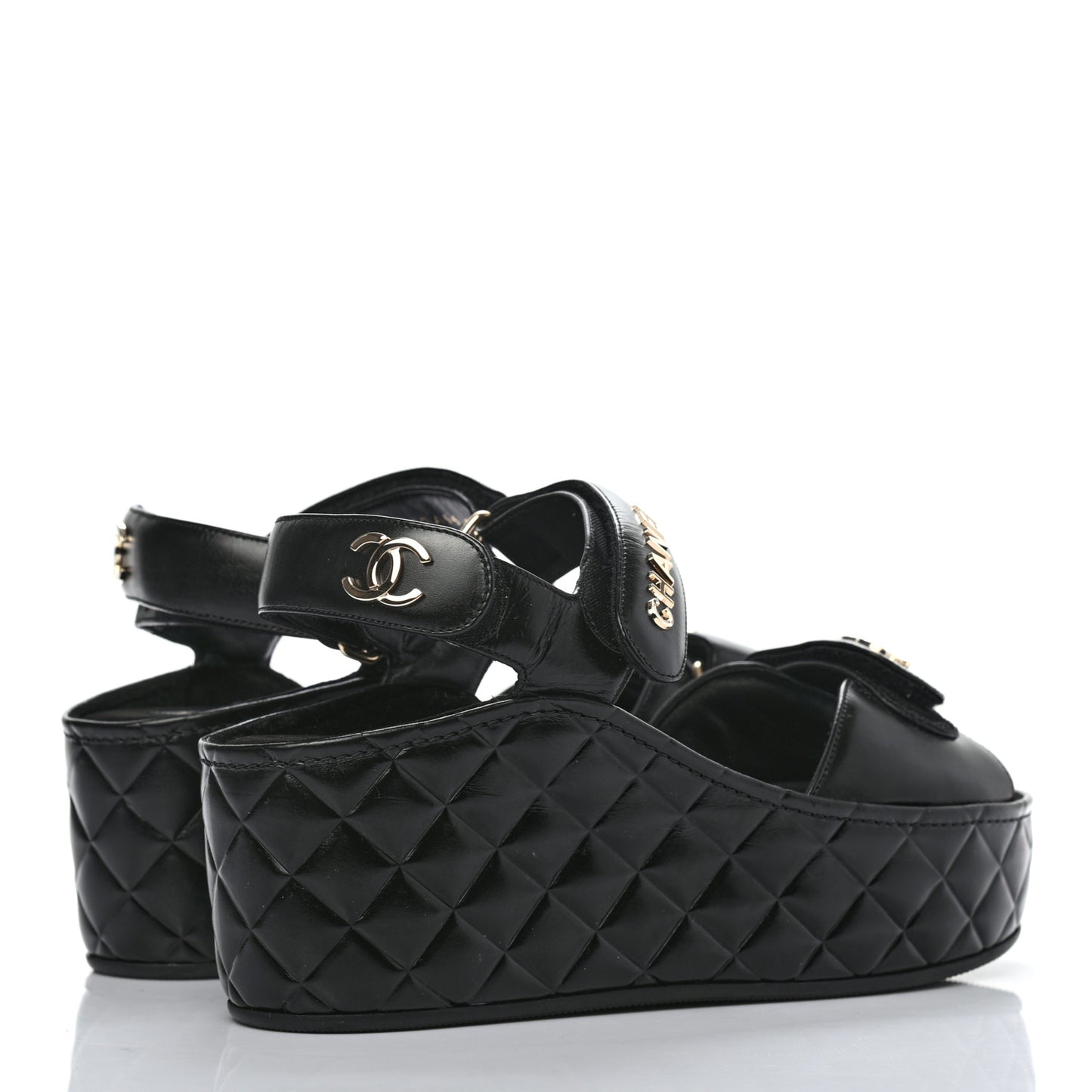 Shiny Calfskin Logo Platform Sandals 37 Black