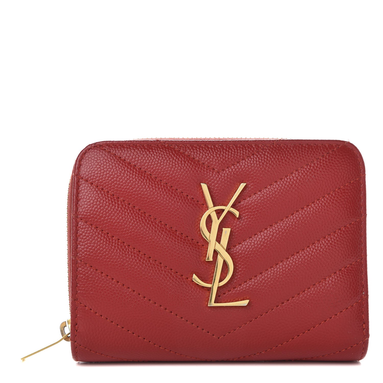 Saint Laurent Grain De Poudre Matelasse Chevron Monogram Compact Zip Around Wallet Red 1 of 8