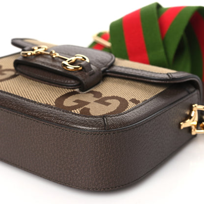 Gucci Monogram Jumbo GG Textured Dollar Calfskin Web Mini Horsebit 1955 Shoulder Bag Camel Ebony New Acero 10 of 10