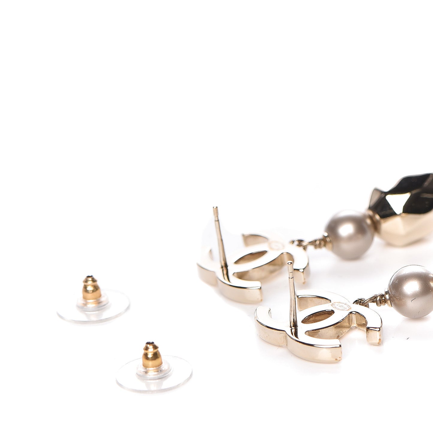 Metal Bead Pearl CC Drop Earrings Golden Pearly White