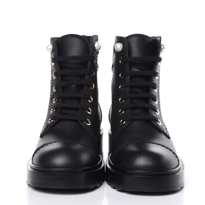 Chanel Calfskin Pearl Combat Ankle Boots 37 Black 2 of 8