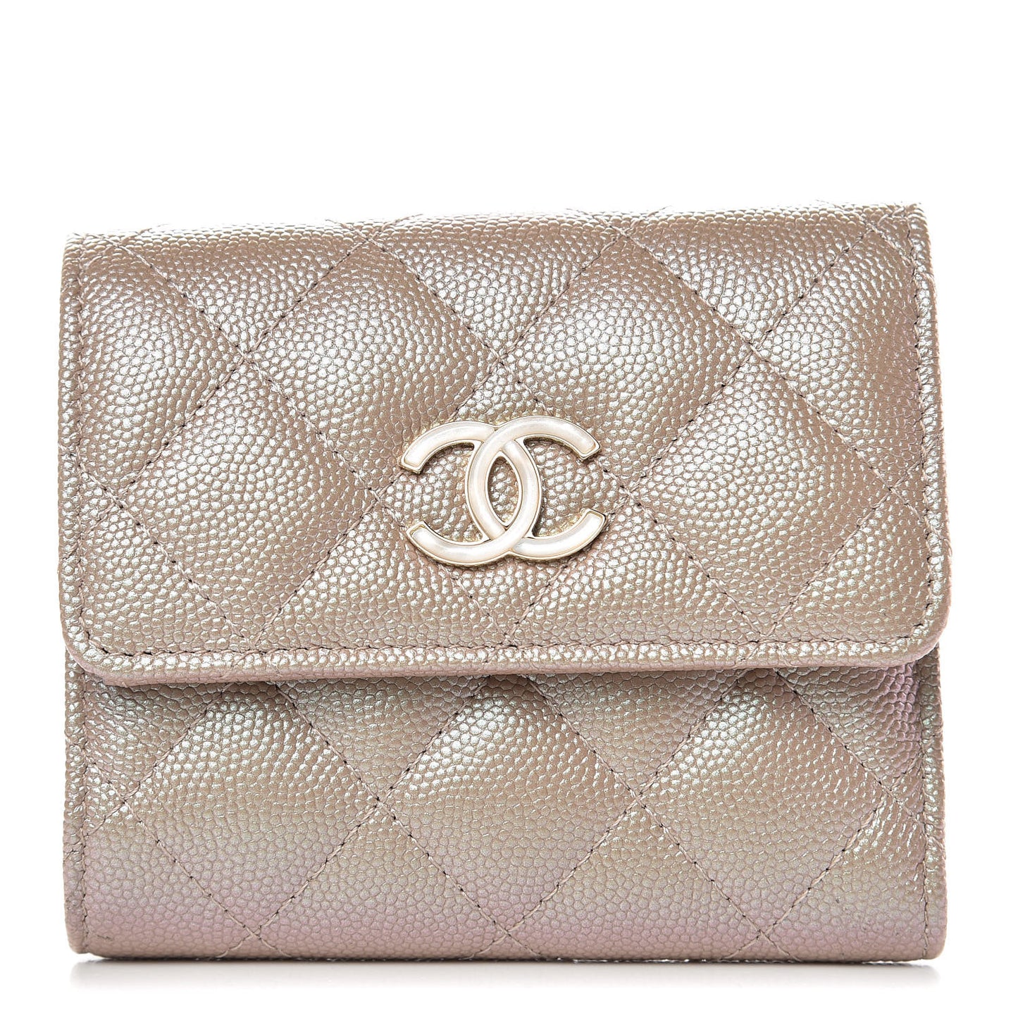 Iridescent Caviar Quilted Small Flap Wallet Beige