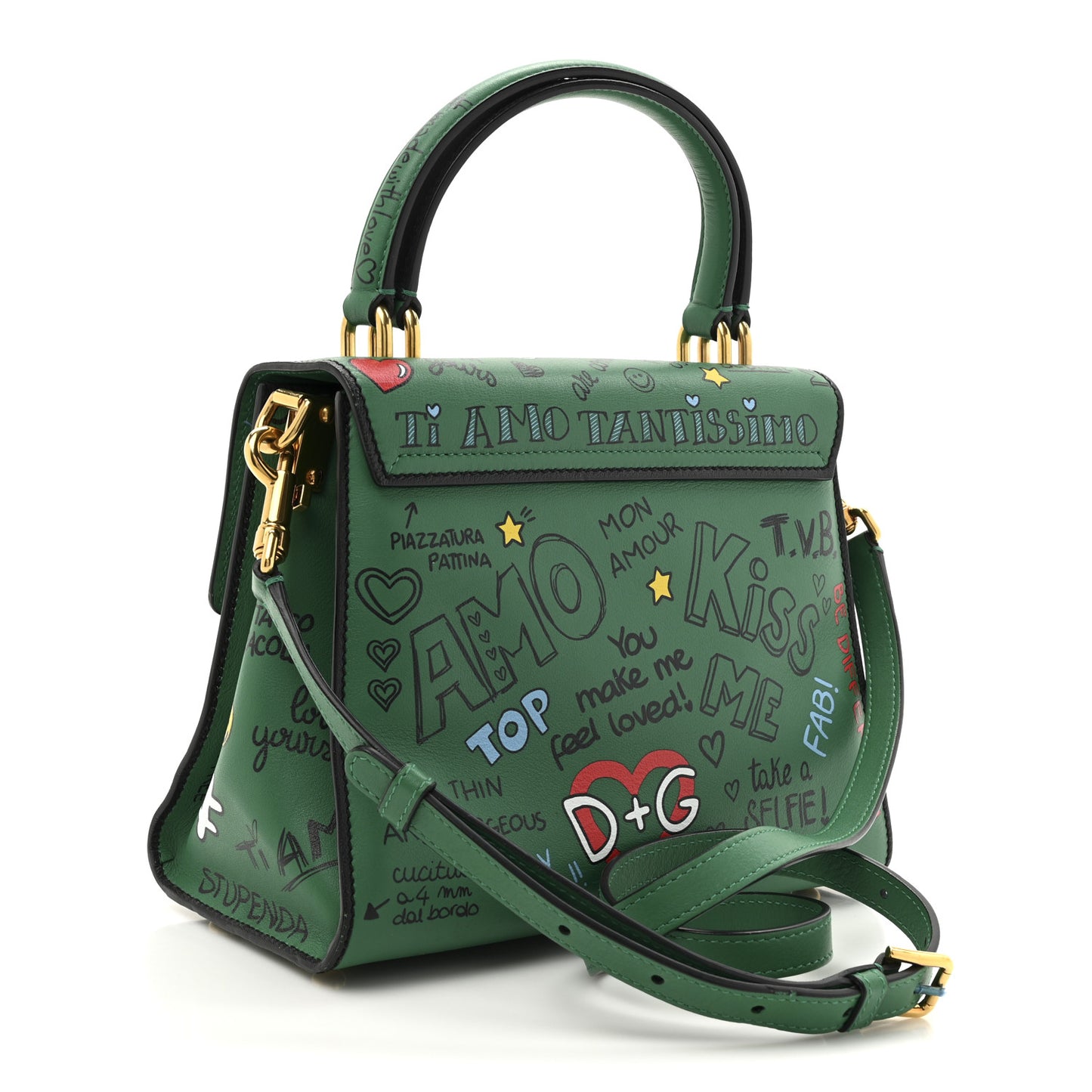 Calfskin Graffiti Printed Welcome Satchel Green Multicolor