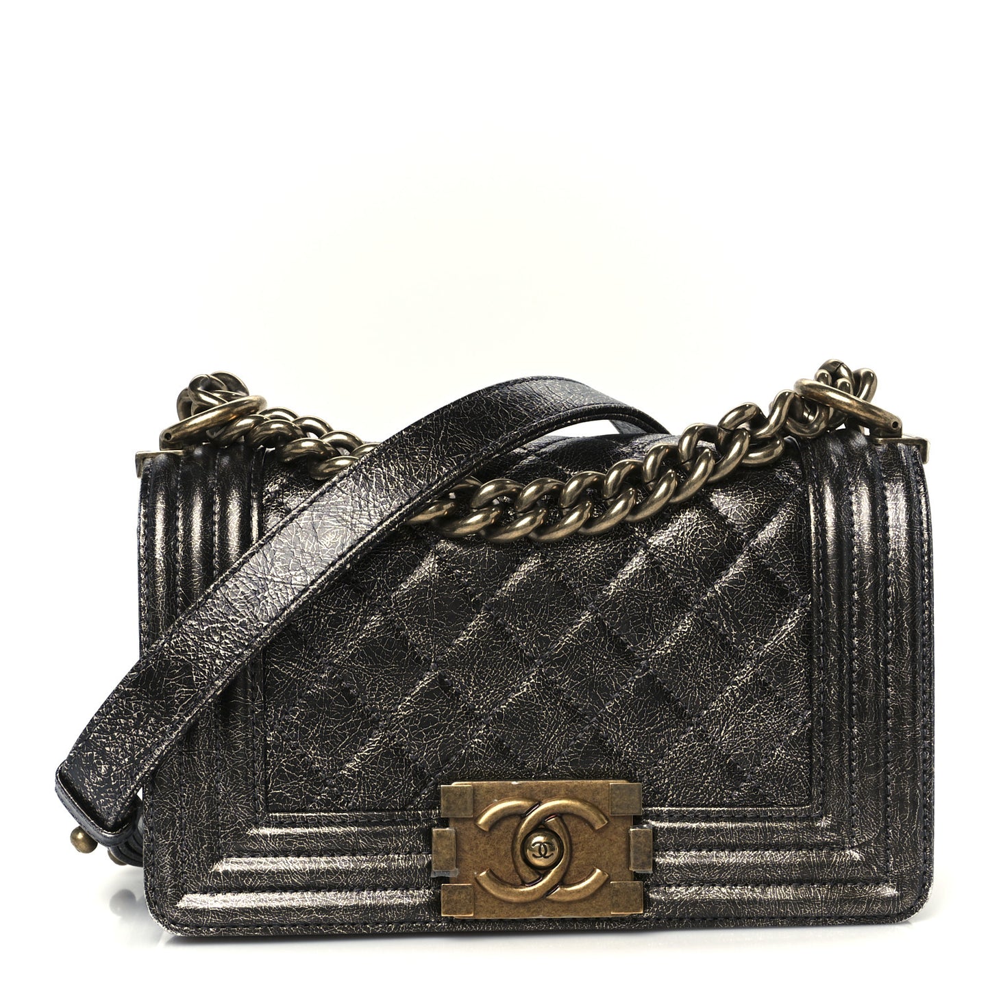 Cracked Metallic Calfskin Quilted Small Boy Flap Dark Silver