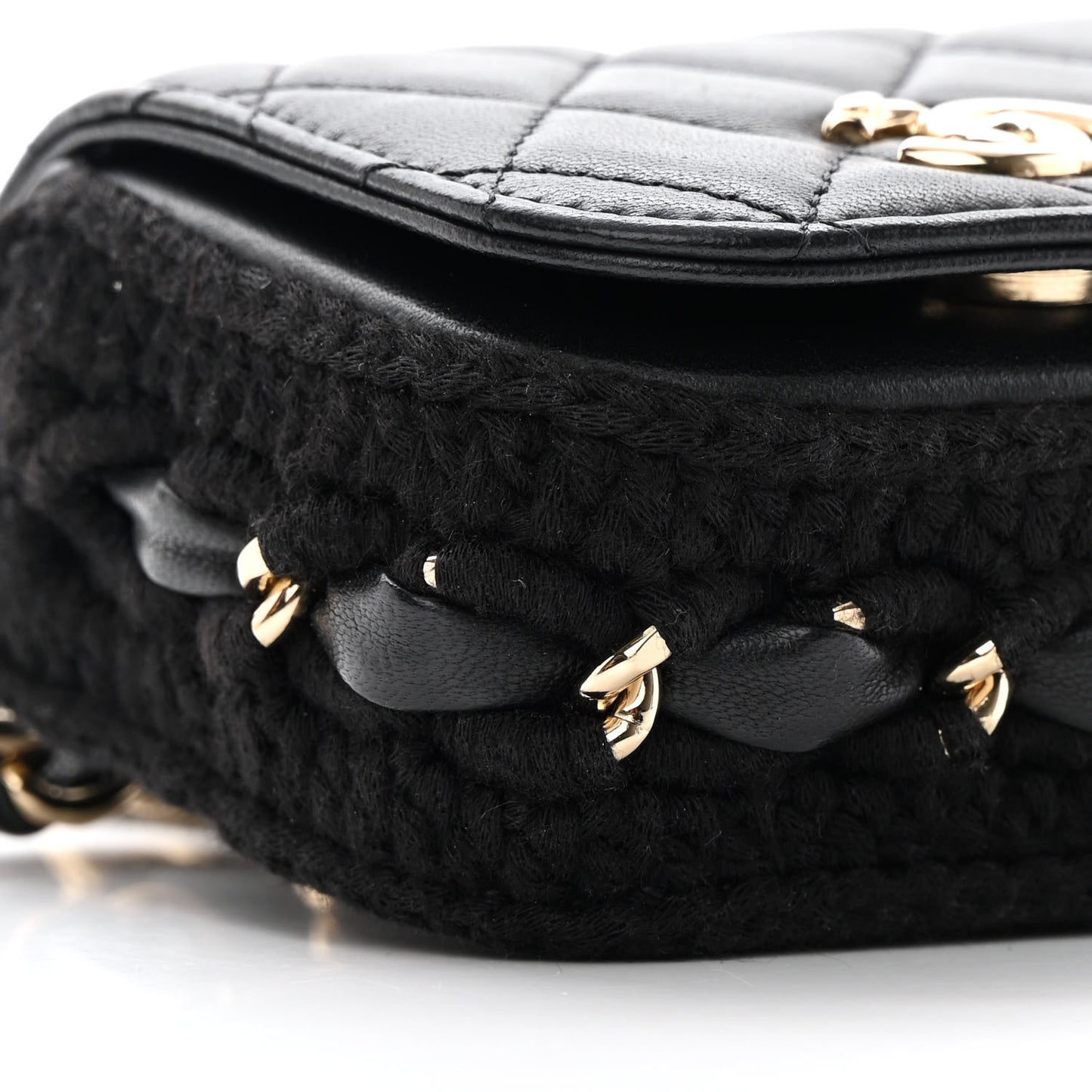 Calfskin Crochet Embroidered Quilted Mini Clutch with Chain Black