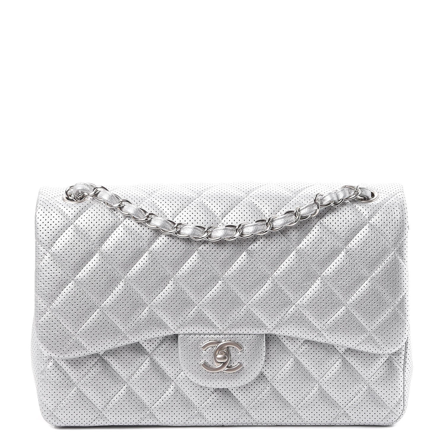 Chanel Metallic Perforated Lambskin Quilted Jumbo Double Flap Light Silver 1 of 8