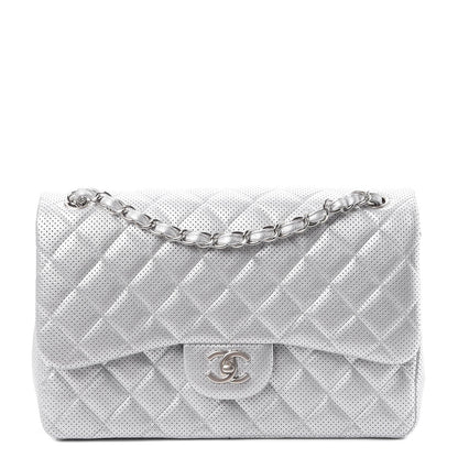 Chanel Metallic Perforated Lambskin Quilted Jumbo Double Flap Light Silver 1 of 8