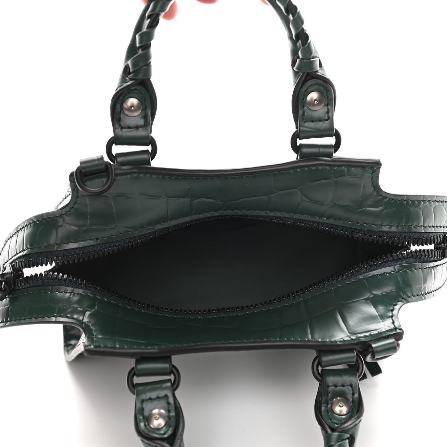 Semi Shiny Calfskin Crocodile Embossed Neo Classic Black Hardware Nano City Crossbody Forest Green