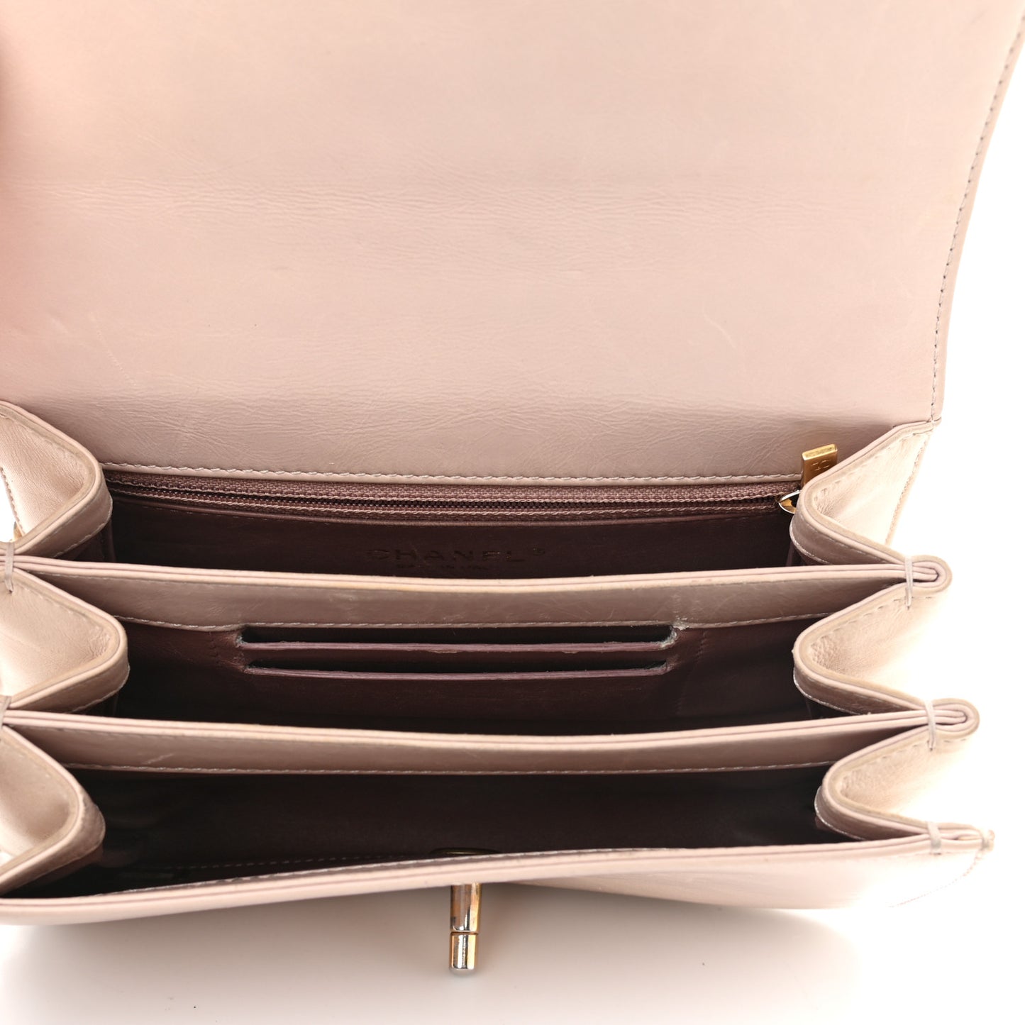 Glazed Calfskin Quilted Mini Straight Lined Flap Beige
