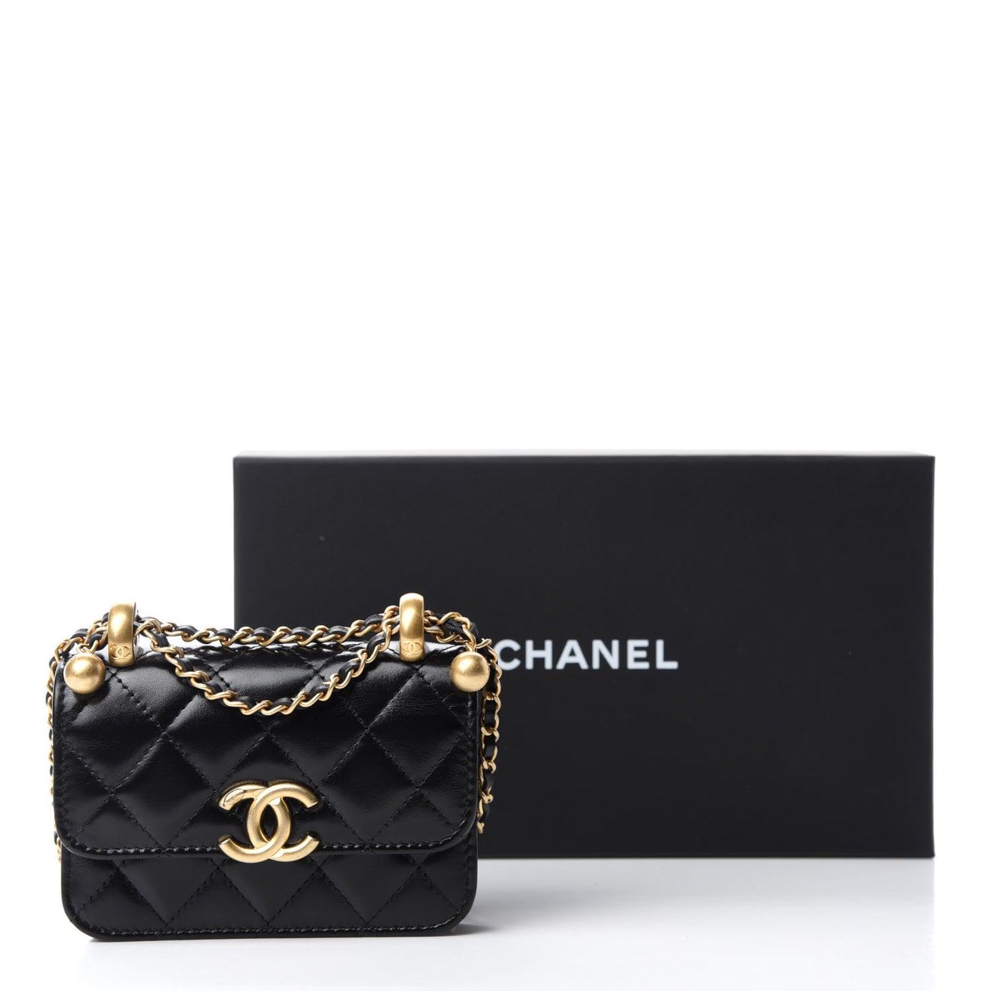 Calfskin Quilted Perfect Fit Coin Purse With Chain Black