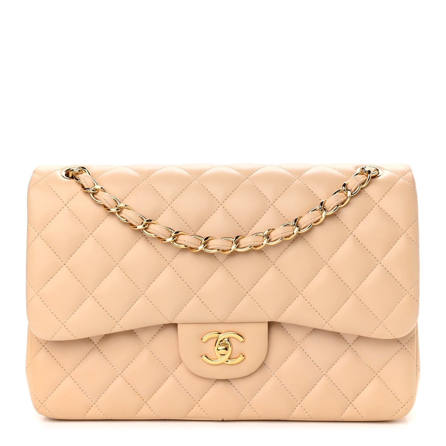 Lambskin Quilted Jumbo Double Flap Beige