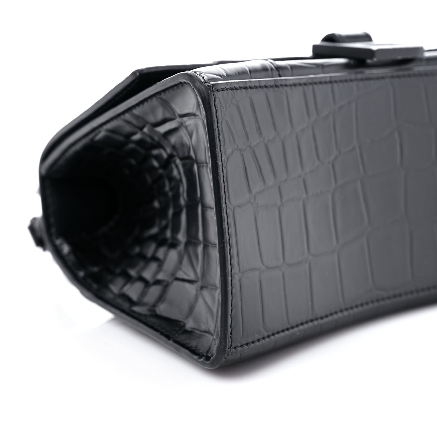 Shiny Calfskin Monochrome Crocodile Embossed Small Hourglass Top Handle Bag Black