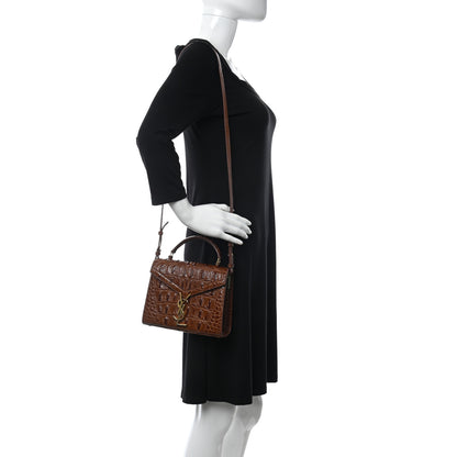 Saint Laurent Calfskin Crocodile Embossed Mini Classic Monogram Cassandra Top Handle Brown 2 of 14