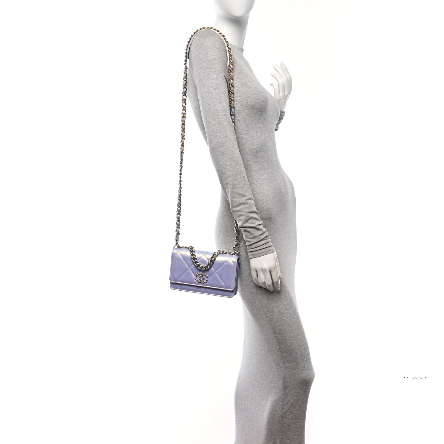 Iridescent Calfskin Quilted Chanel 19 Wallet On Chain WOC Light Purple