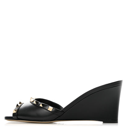 Valentino Garavani Calfskin Rockstud Wedge Sandals 38.5 Black 1 of 10