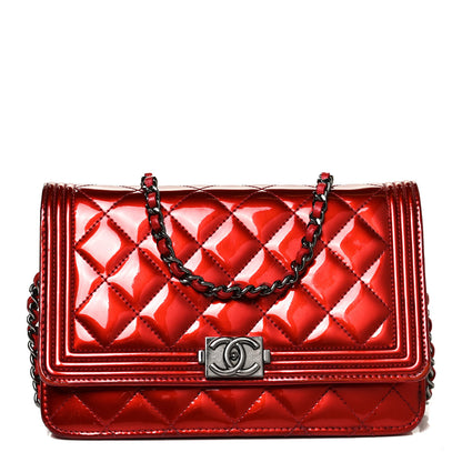 Chanel Metallic Patent Calfskin Quilted Boy Wallet On Chain WOC Red 1 of 10