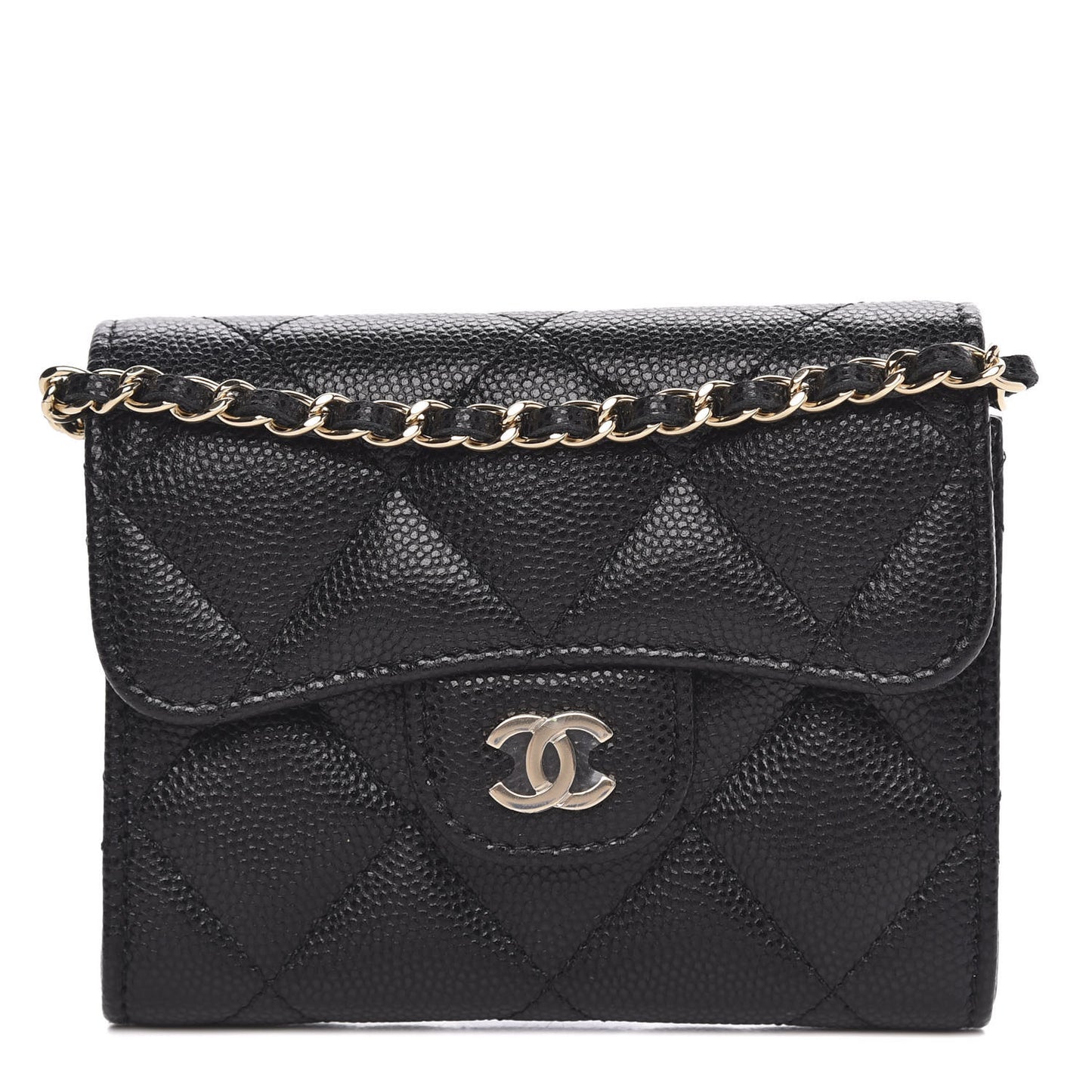 Caviar Quilted Flap Card Holder On Chain Black