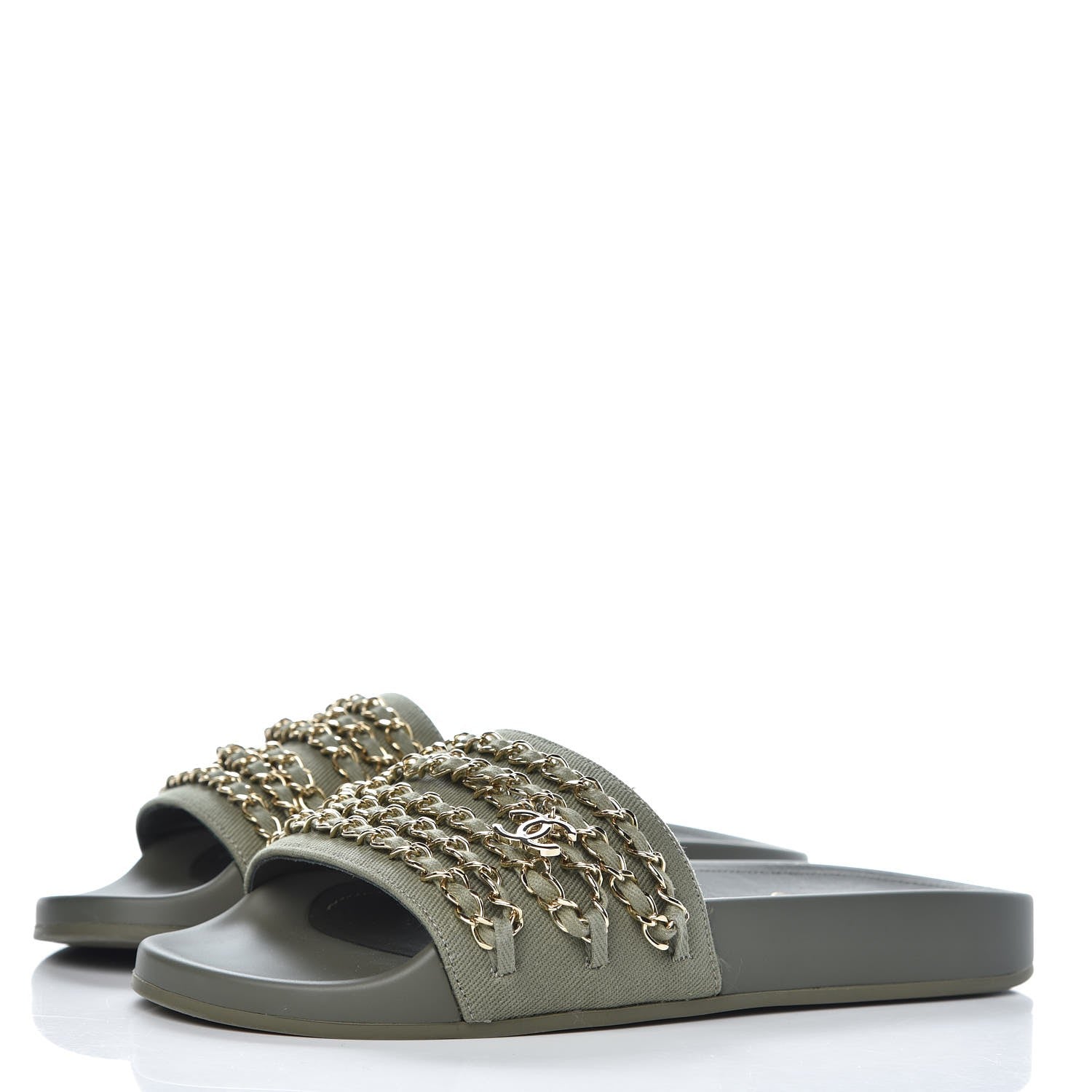 Chanel Canvas Chain Flat Sandals 38 Khaki 2 of 11