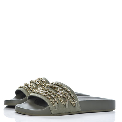 Chanel Canvas Chain Flat Sandals 38 Khaki 2 of 11