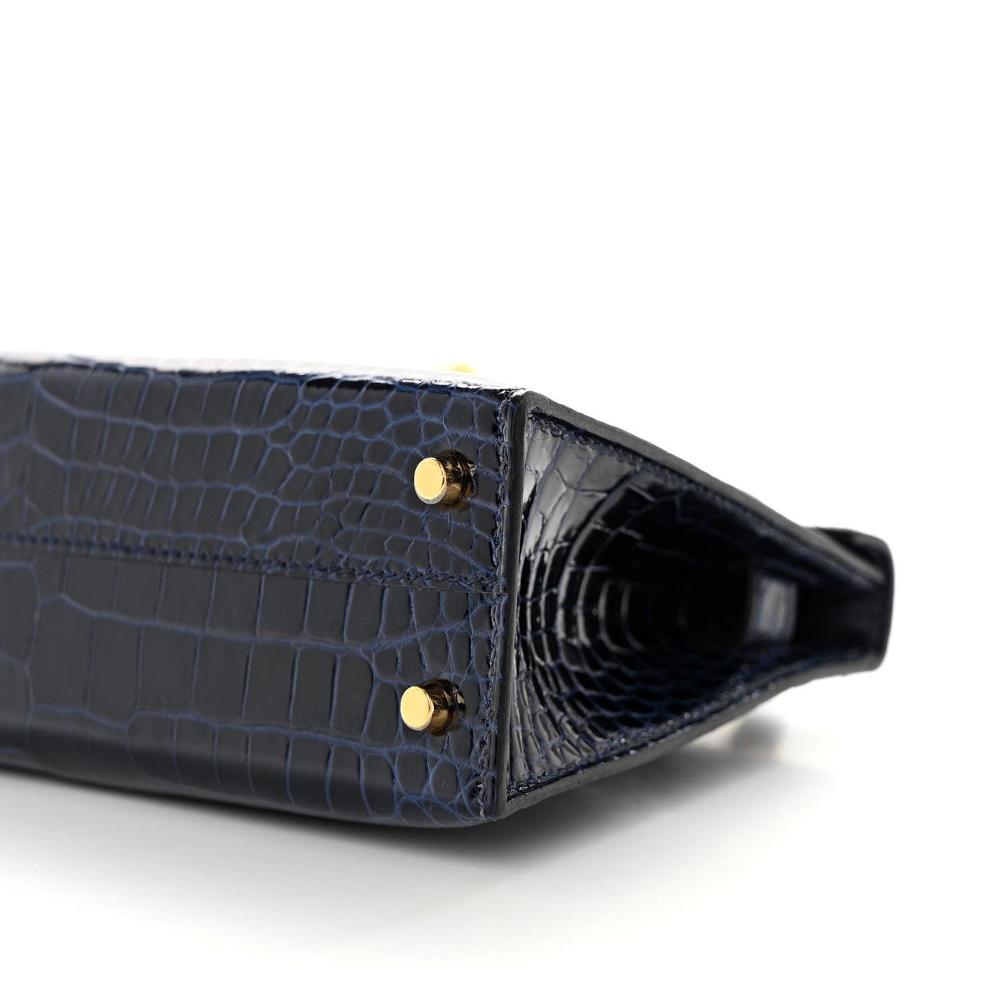 Shiny Porosus Crocodile Mini Kelly Sellier 20 Havane Bleu Marine
