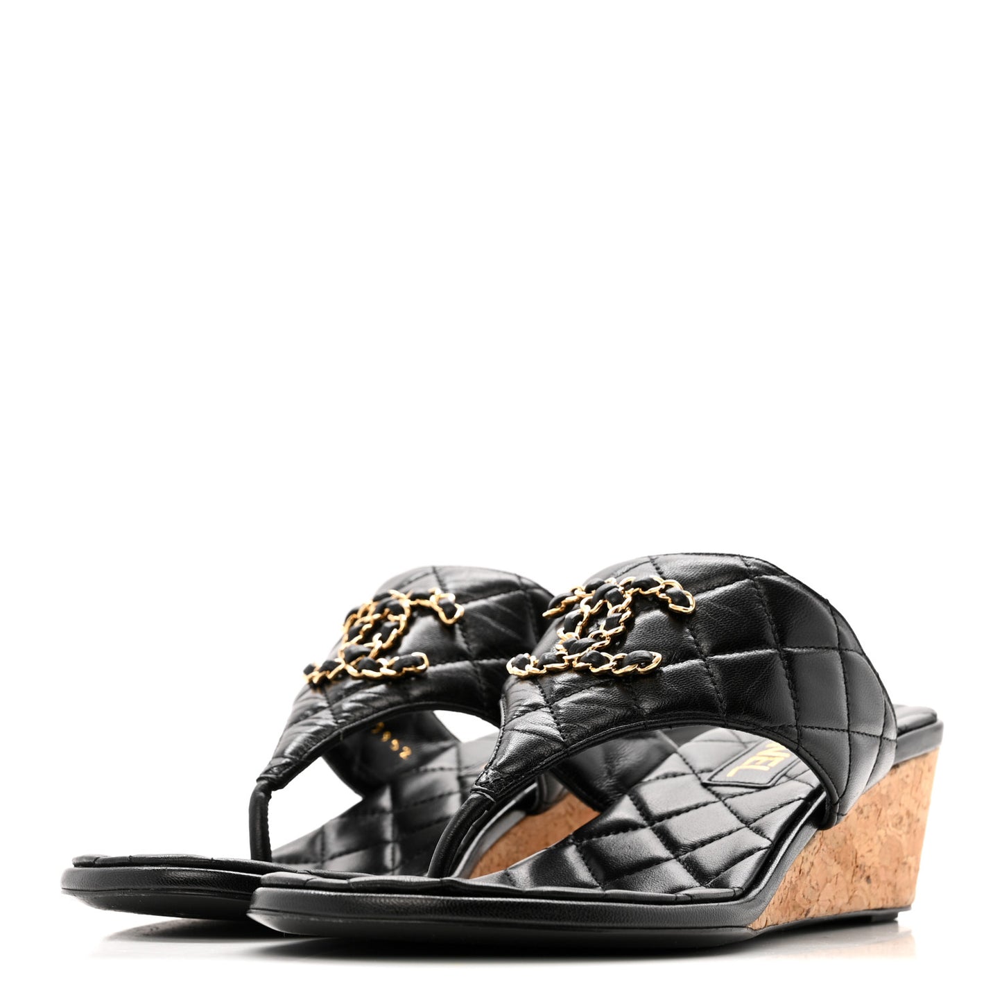 Shiny Goatskin Cork CC Wedge Sandals 37.5 Black
