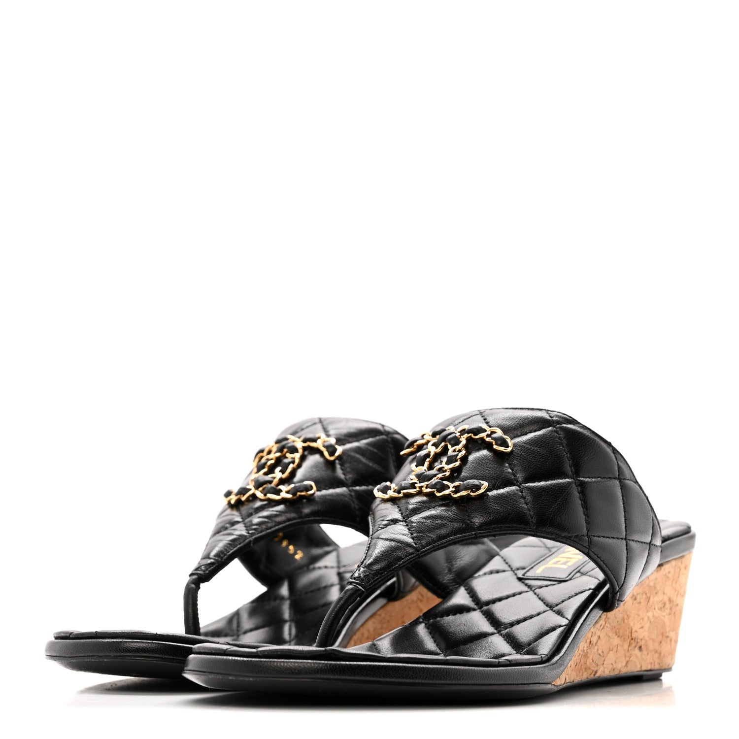 Chanel Shiny Goatskin Cork CC Wedge Sandals 37.5 Black 4 of 11