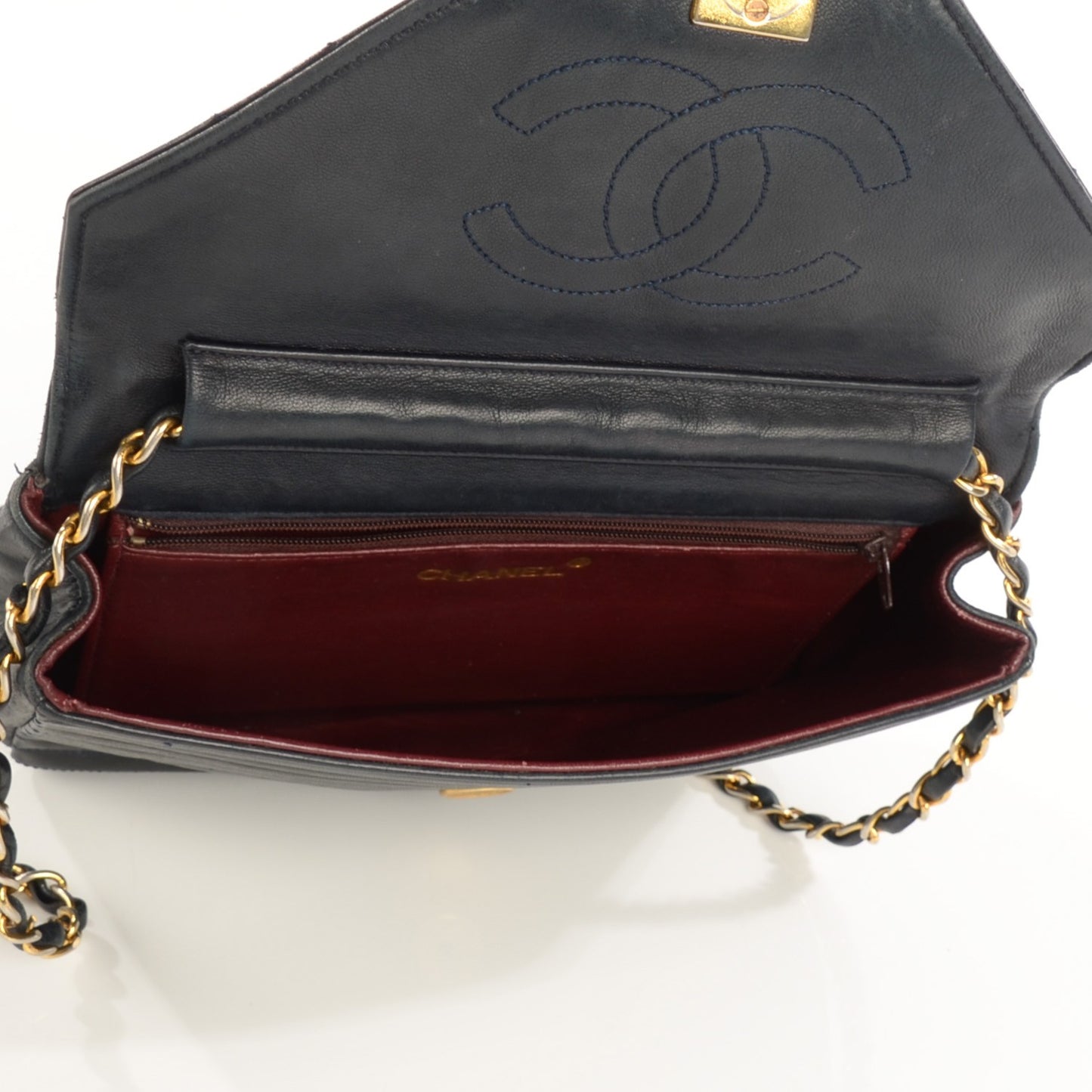 Lambskin Vertical Quilted Small Single Flap Navy Blue