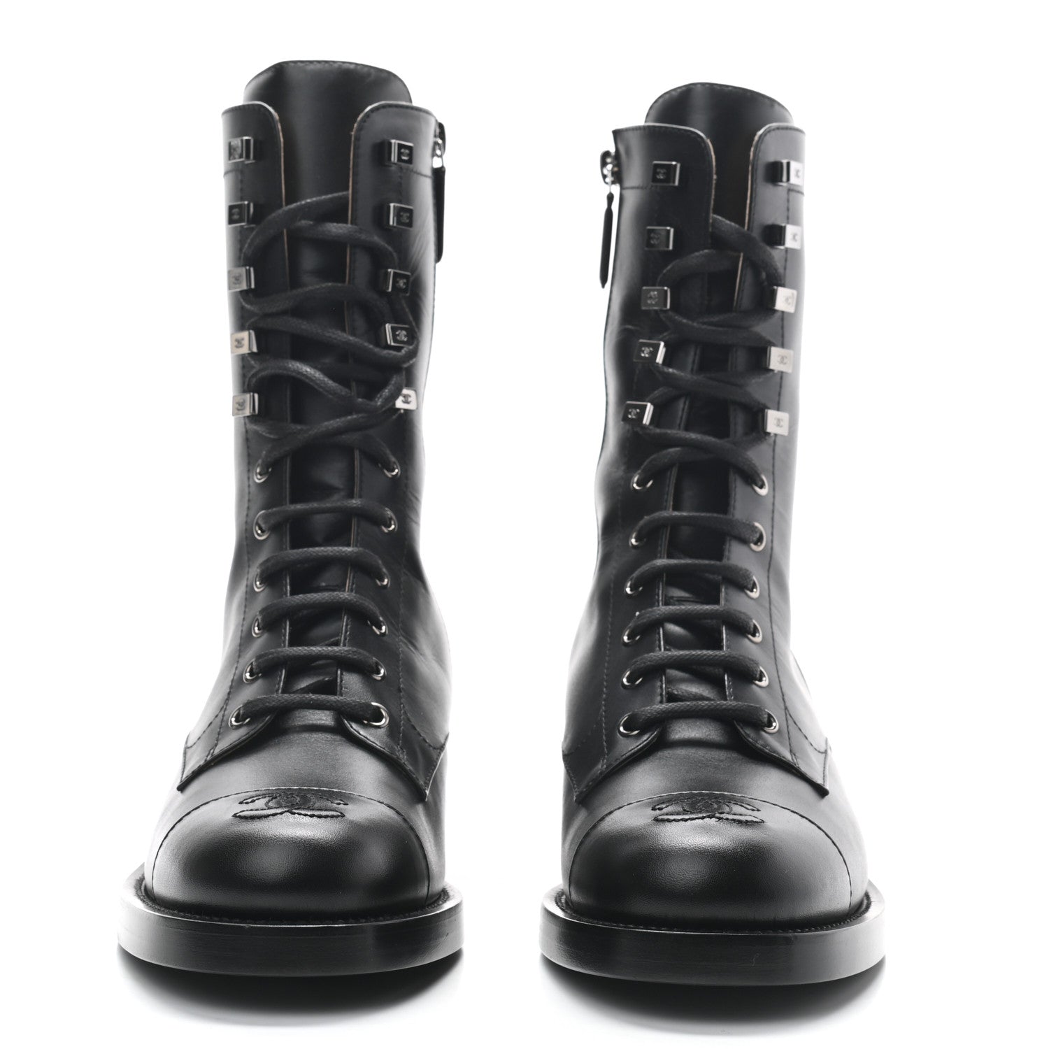 Chanel Calfskin Lace Up Combat Boots 39.5 Black 2 of 8