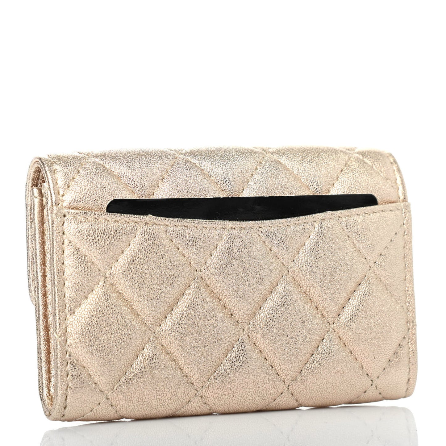 Metallic Lambskin Quilted Flap Card Holder Wallet Gold