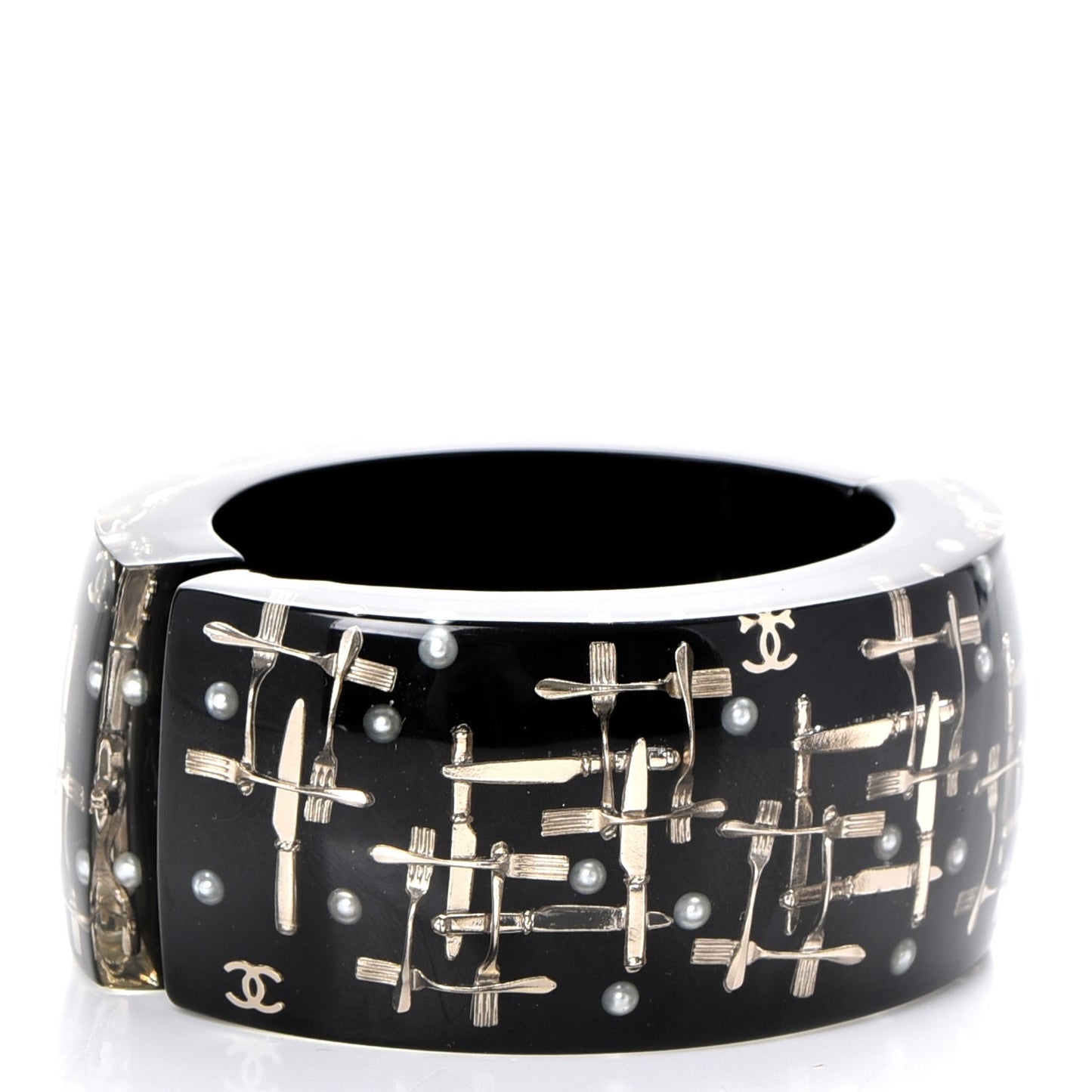 Resin Pearl Fork Knife Basserie Cuff Bangle Black