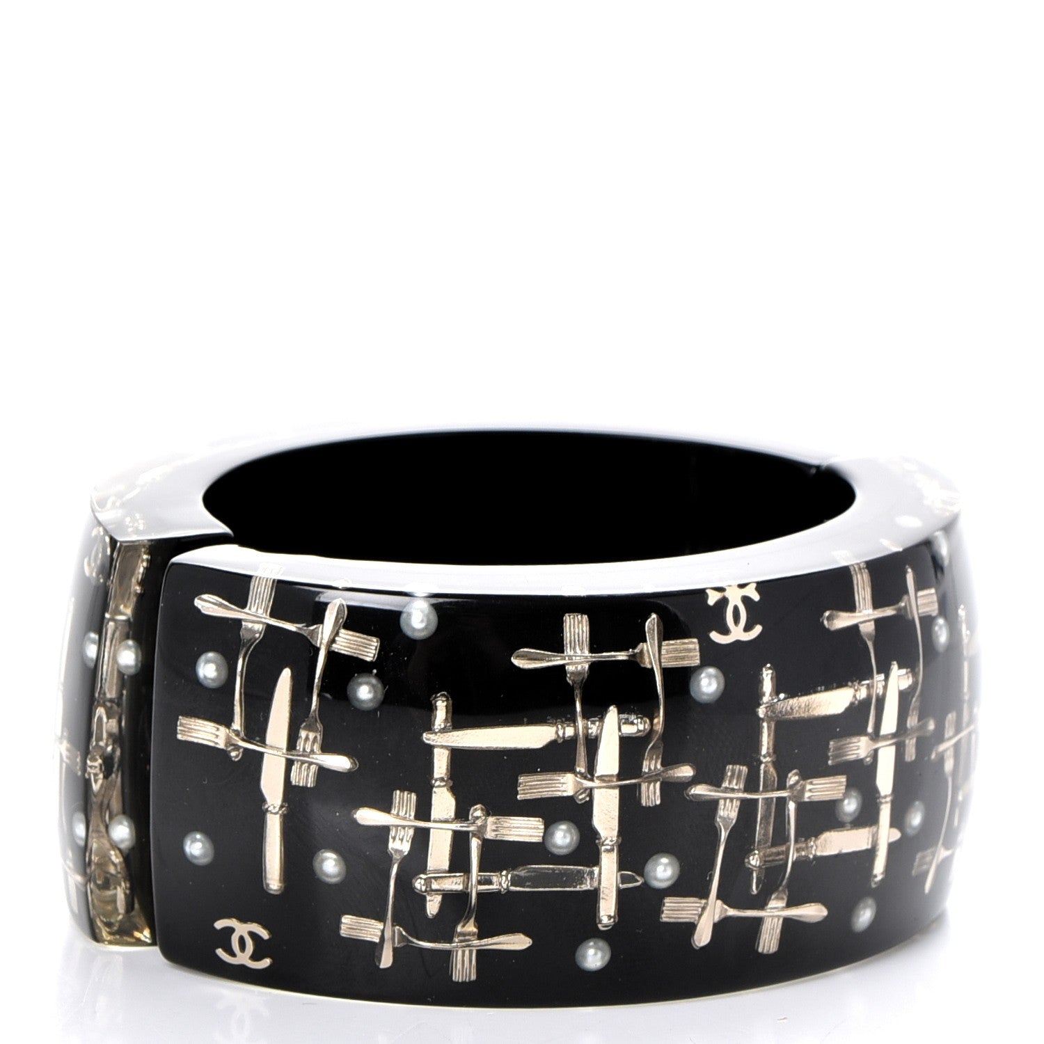 Chanel Resin Pearl Fork Knife Basserie Cuff Bangle Black 3 of 4