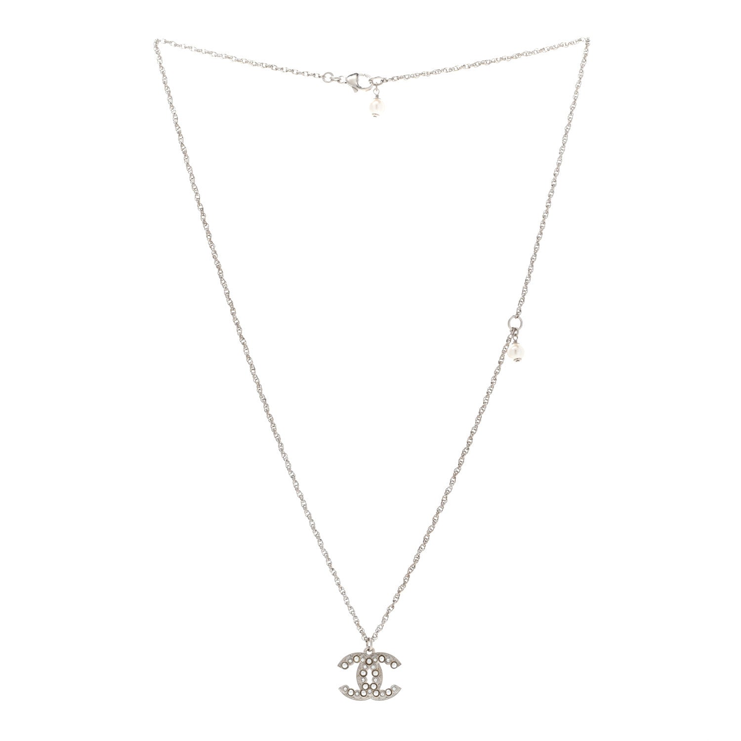 Chanel Crystal Pearl CC Pendant Necklace Silver 3 of 7