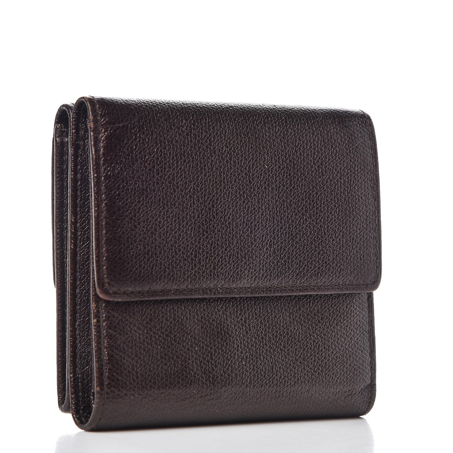 Grained Calfskin CC Button Compact Wallet Dark Brown